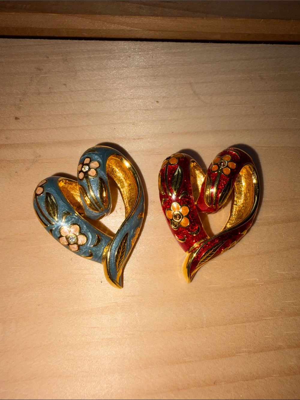 Vintage Nolan Miller Signed Slider Pendants- Red & Blue Enamel Gold Heart Flower
